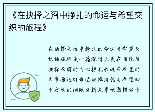 《在抉择之沼中挣扎的命运与希望交织的旅程》