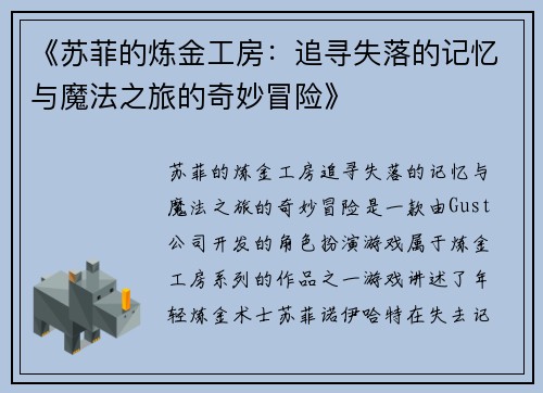 《苏菲的炼金工房：追寻失落的记忆与魔法之旅的奇妙冒险》