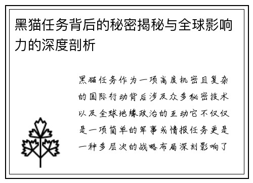 黑猫任务背后的秘密揭秘与全球影响力的深度剖析 黑猫任务背后的秘密揭秘与全球影响力的深度剖析